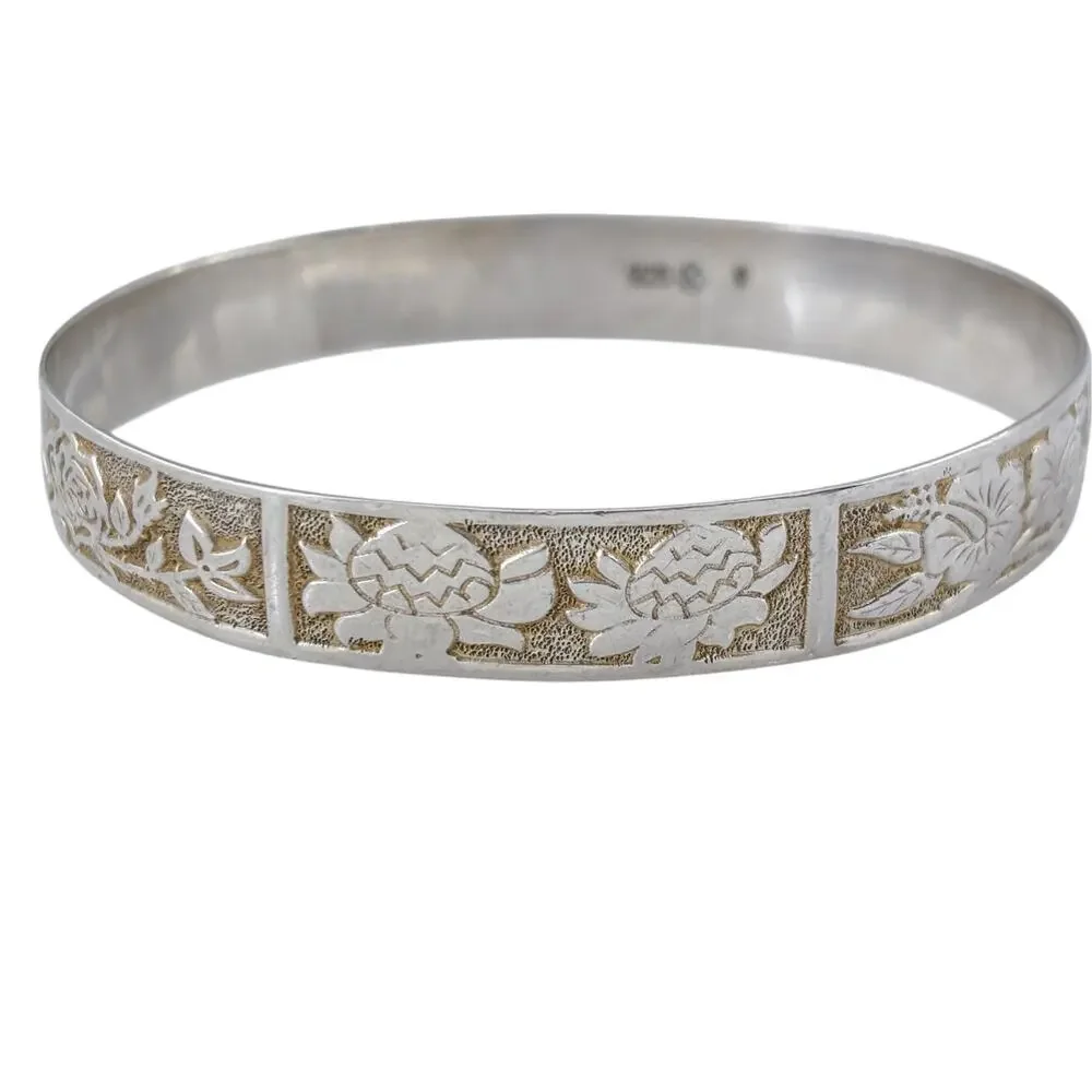 Vintage Sterling Silver 925 Floral Bangle Bracelet 9